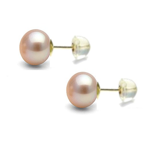 Paire de boucles d'Oreilles Or 18k silicone perles d'Eau Douce Pêches 8-9 mm forme Bouton