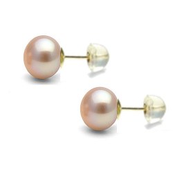 Paire de boucles d'Oreilles Or 18k silicone perles d'Eau Douce Pêches 8-9 mm forme Bouton
