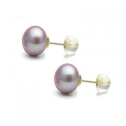 Paire de boucles d'Oreilles Or 18k silicone perles d'Eau Douce Lavande 8-9 mm forme Bouton