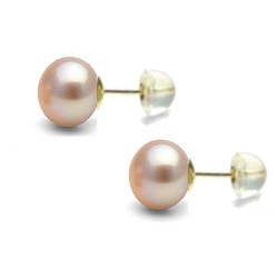 Paire de boucles d'Oreilles Or 18k silicone perles d'Eau Douce Pêches 9-10 mm forme Bouton