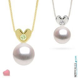 Pendentif Coeur Or 14k et diamant avec perle blanche d'eau douce AAA