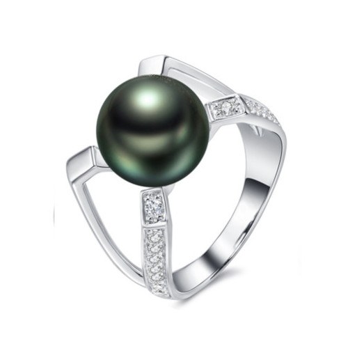 Bague Argent 925 et zirconiums avec perle de Tahiti 9-10 mm vert bronze qualité AAA