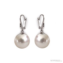 Boucles d'Oreilles dormeuses 0r 14k perles de culture d'Australie blanches 12-13 mm AAA