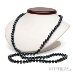 Collier de Perles de culture Noires d' Akoya, long sautoir en perles noires