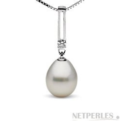 Pendentif Or 18k et Diamants Perle d'Australie Blanche Goutte 10-11 mm AA+