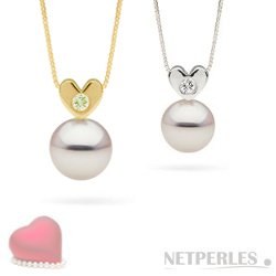 Pendentif coeur Or et diamant avec perle blanche Akoya AAA