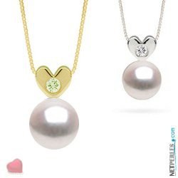 Pendentif Coeur Or 14k et diamant avec perle blanche d'eau douce DOUCEHADAMA