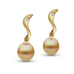 Boucles d'oreilles Or Jaune 18k diamants perles Drop dorées des Philippines 12,5 mm AAA