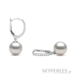 Boucles d'Oreilles or 14k Perles de culture d'Australie blanches et diamants