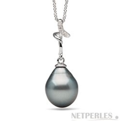 Pendentif Argent 925, diamant, perle de Tahiti Goutte