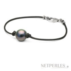 Bracelet ou Collier en cuir avec perle de Tahiti entre 2 noeuds et fermoir en Argent
