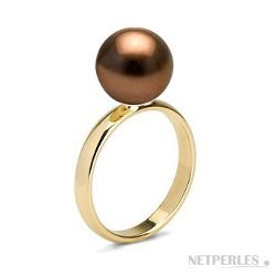 Bague Or 14k avec perle d'eau douce 9-10 mm chocolat AAA