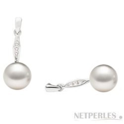 Boucles d'Oreilles en Argent, Diamants et Perles d'Australie Blanc Argenté AAA