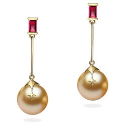 Boucles d'Oreilles en Or 18k rubis et perles dorées des Philippines 9-10 mm AAA