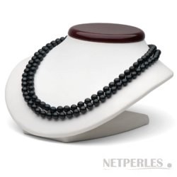 Collier Double Rang 43/45 cm de perles d' Akoya noires de 6,0 à 6,5 mm