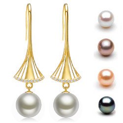 Boucles d'Oreilles Or 9k diamants perles d'eau douce 10-11 mm AAA