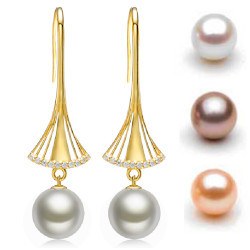 Boucles d'Oreilles Or 9k diamants perles d'eau douce 10-11 mm DOUCEHADAMA