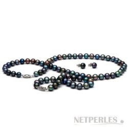 Parure Perles d'Eau Douce noires 6-7 mm 3 Bijoux Collier Bracelet 45/18 cm, Boucles