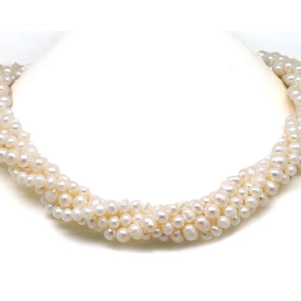 Collier 45 cm Perles d'Eau Douce blanches de 5 rangs de 3 à 7 mm ovalisées