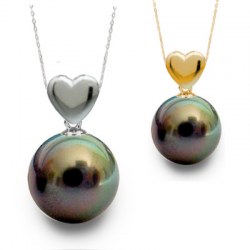 Pendentif coeur Or 18 carats et perle noire de Tahiti 15-16 mm Qualité AAA