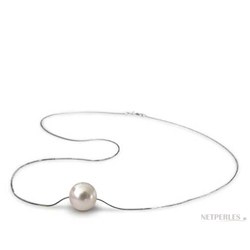 Pendentif perle d'Australie 10-11 mm blanche AAA sur chaine or 14k traversante