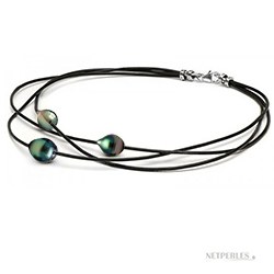 Collier 3 perles de Tahiti Gouttes AAA sur 3 cordons de cuir entrelacés