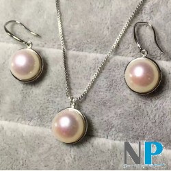 Parure en Argent, boucles d'oreilles et pendentifs perles blanches d'eau douce 10-11 mm en forme bouton AA+, chaine 45 cm
