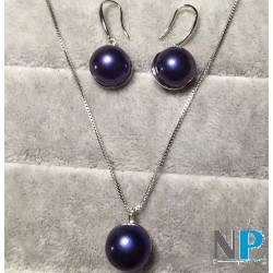 Parure en Argent, boucles d'oreilles et pendentifs perles noires d'eau douce 10-11 mm en forme bouton AA+, chaine 45 cm