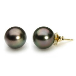 Boucles d'Oreilles Or Jaune 14k perles de Tahiti 8 à 9 mm AAA Peacock