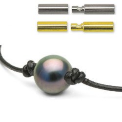 Bracelet/Collier cuir perle de Tahiti 2 noeuds cuir et fermoir baionnette or 18k