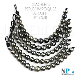 Bracelet de perles baroques de Tahiti 11-12 mm sur Cuir