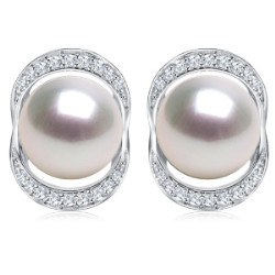 Paire de boucles d'Oreilles Argent 925 perles d'Akoya blanches 8,5-9 mm AAA et zirconiums