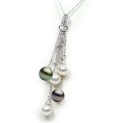 Pendentif Or et 3 perles Akoya et 2 perles noires de Tahiti 8-9 mm AAA et diamants