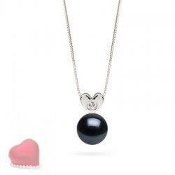 Pendentif coeur Or et diamant avec perle noire Akoya AAA