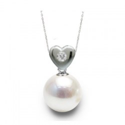 Pendentif Coeur Argent et diamant avec perle Akoya blanche AAA