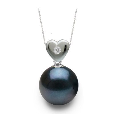 Pendentif coeur Or 18k et diamant avec perle noire Akoya AAA