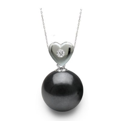 Pendentif coeur Or et diamant avec perle noire Akoya AAA