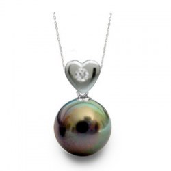 Pendentif Coeur Argent et diamant avec perle noire de Tahiti AAA