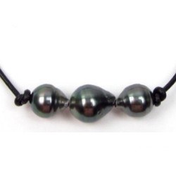 Bracelet Cuir avec 3 perles Baroques de Tahiti 11-12 mm sur Cuir traversant