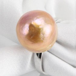 Bague Argent 925 perle d'eau douce métallique rose pêche de 14 mm