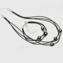 Parure Collier+Bracelet 3 liens Cuir Argent 925 18-22 cm, 2x3 perles de Tahiti DROP AAA