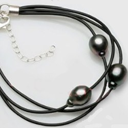 Bracelet 3 liens Cuir Argent 925 18-22 cm, 3 perles 9-10 mm Tahiti DROP AA+