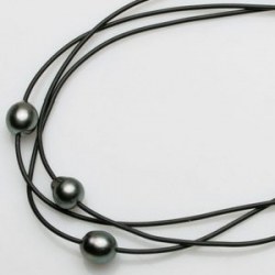 Collier 40-45 cm 3 liens Cuir Argent 925, 3 perles Tahiti 9-10 mm DROP AA+