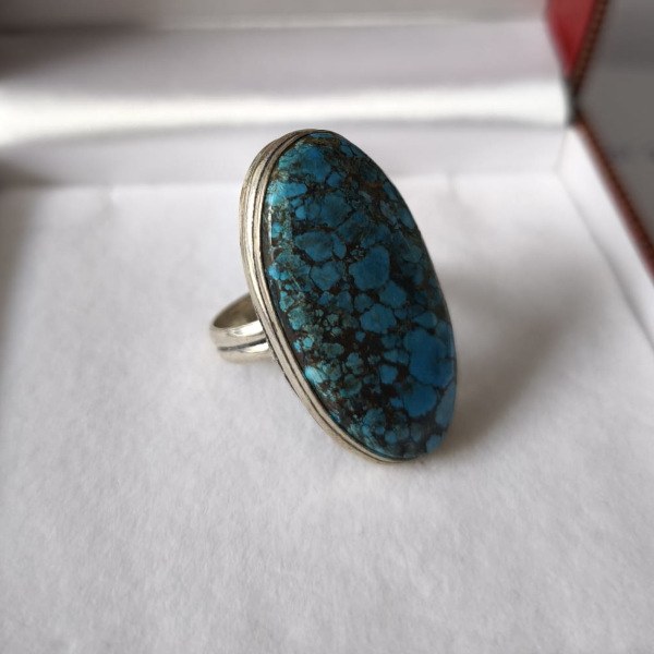 Bague Ancienne en argent massif et véritable turquoise, Taille 55