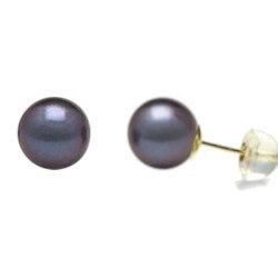 Paire de boucles d'Oreilles Or 18k silicone perles d'eau douce noires 9-10 mm AAA