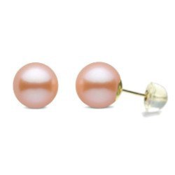 Paire de boucles d'Oreilles Or 18k silicone perles d'Eau Douce Pêches 9-10 mm AAA