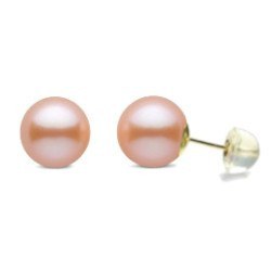 Paire de boucles d'Oreilles Or 18k silicone perles d'Eau Douce Pêches 10 à 11 mm AAA