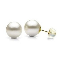 Boucles d'Oreilles Or 18k silicone perles d'eau douce blanches 9-10 mm AAA