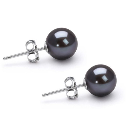 Boucles d'Oreilles Or Gris 14k perles de culture d'Akoya noires 7,0 à 7,5 mm AAA