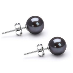 Paire de boucles d'Oreilles Or 14k perles de culture d'Akoya noires 7,5 à 8 mm